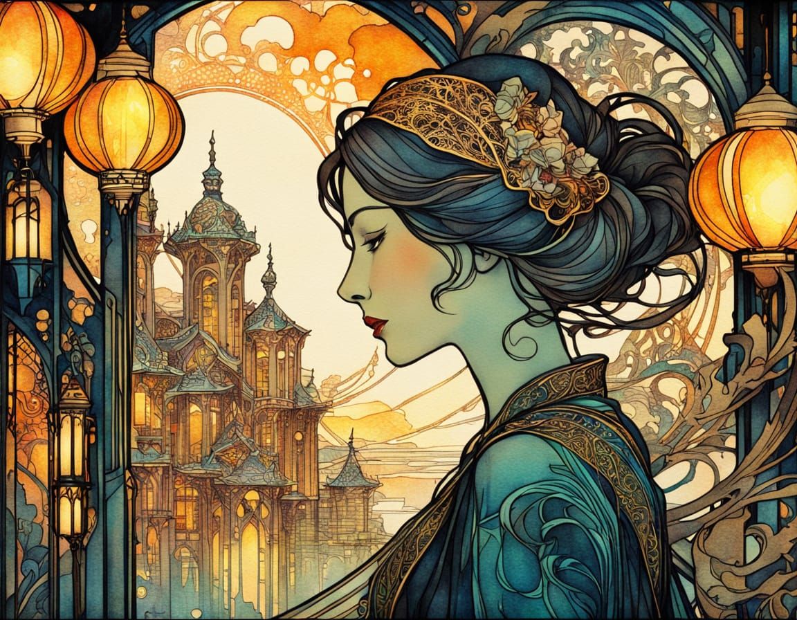 Art Nouveau Girl with Evening Cityscape