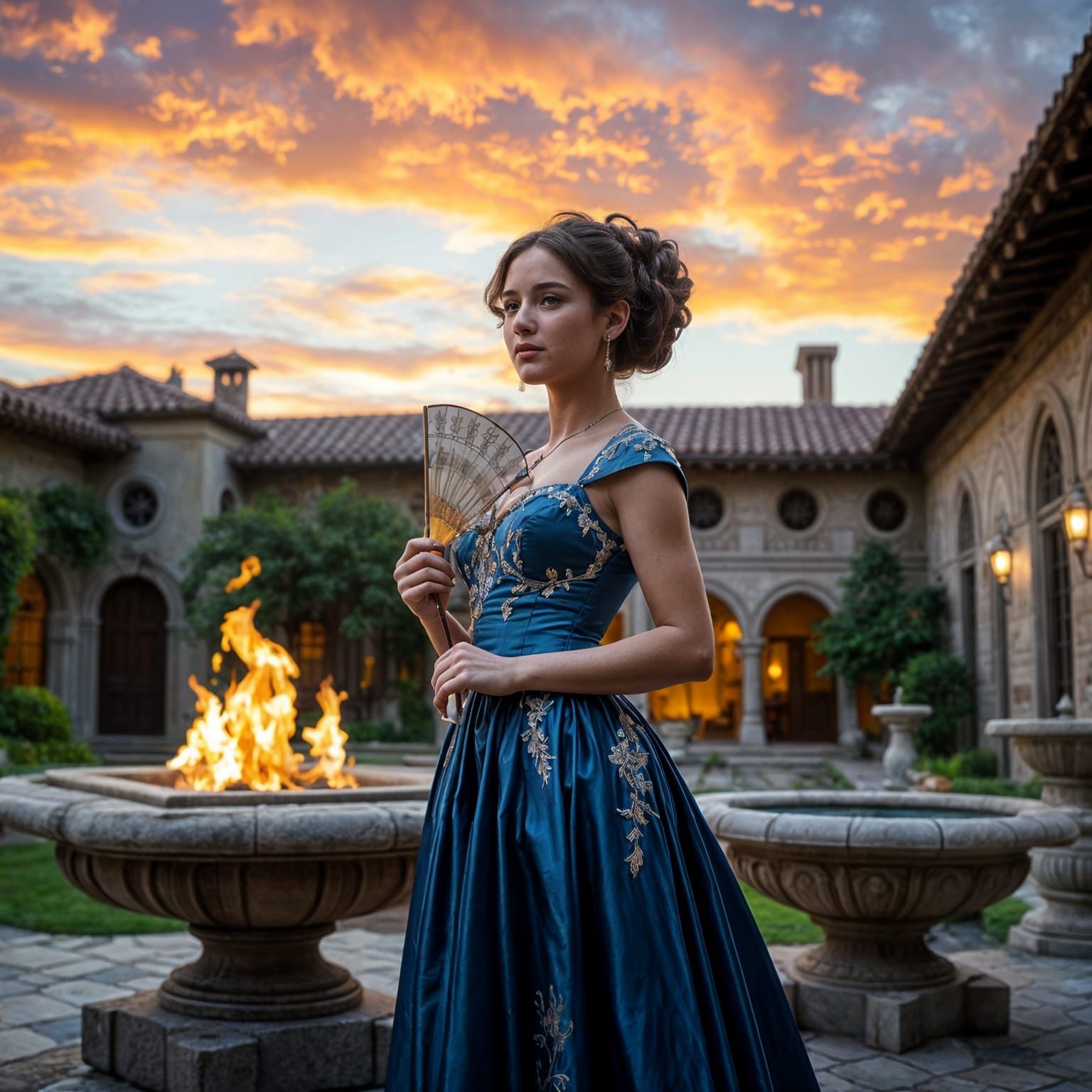 Spanish Noblewoman in Lavish Twilight Setting
