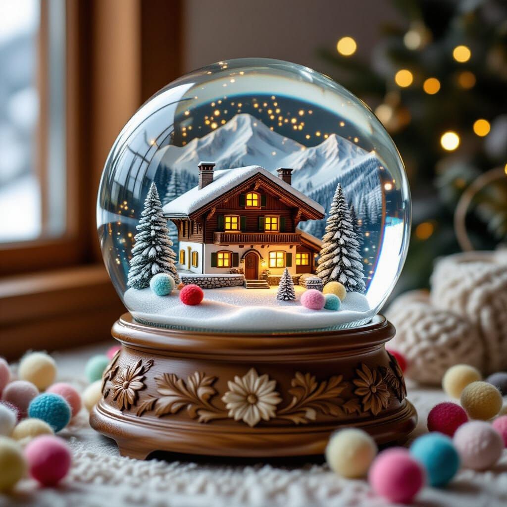 Yarn Pom-Pom Snow Globe with Swiss Chalet