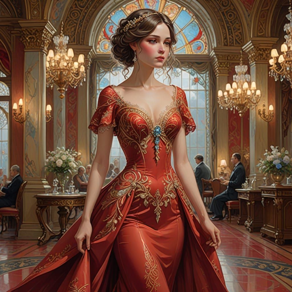 Elegant Woman in Red Evening Gown, Romantic Realism Art