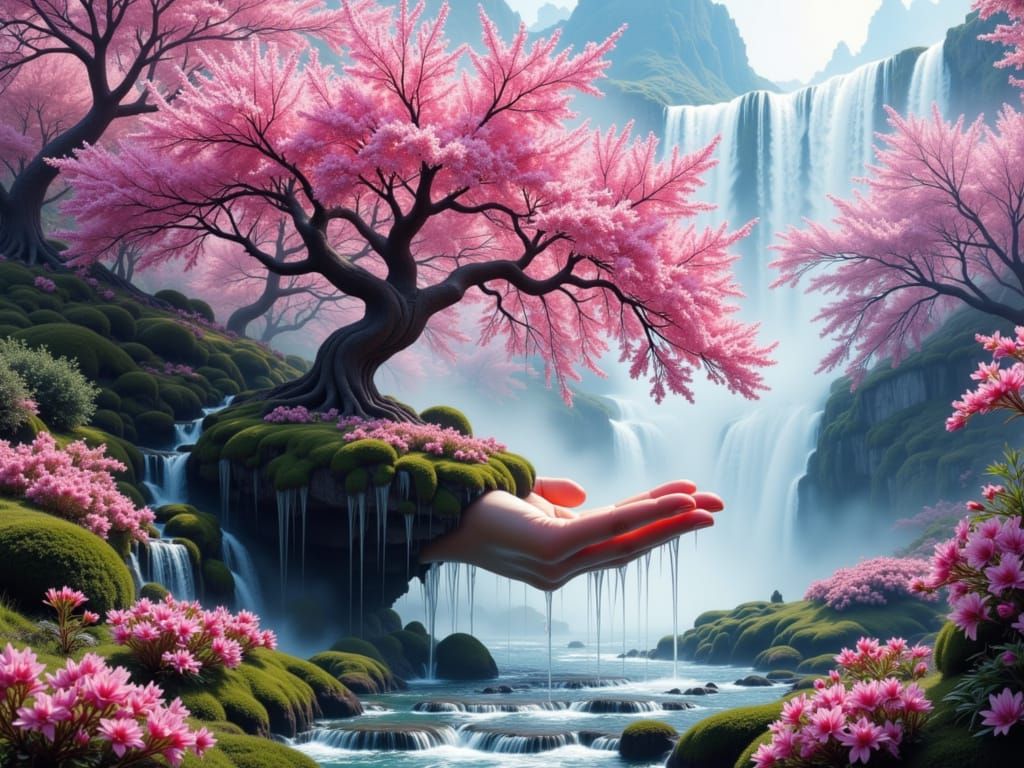 Fantasy Art: Cherry Blossom Tree & Waterfall Held in Hands