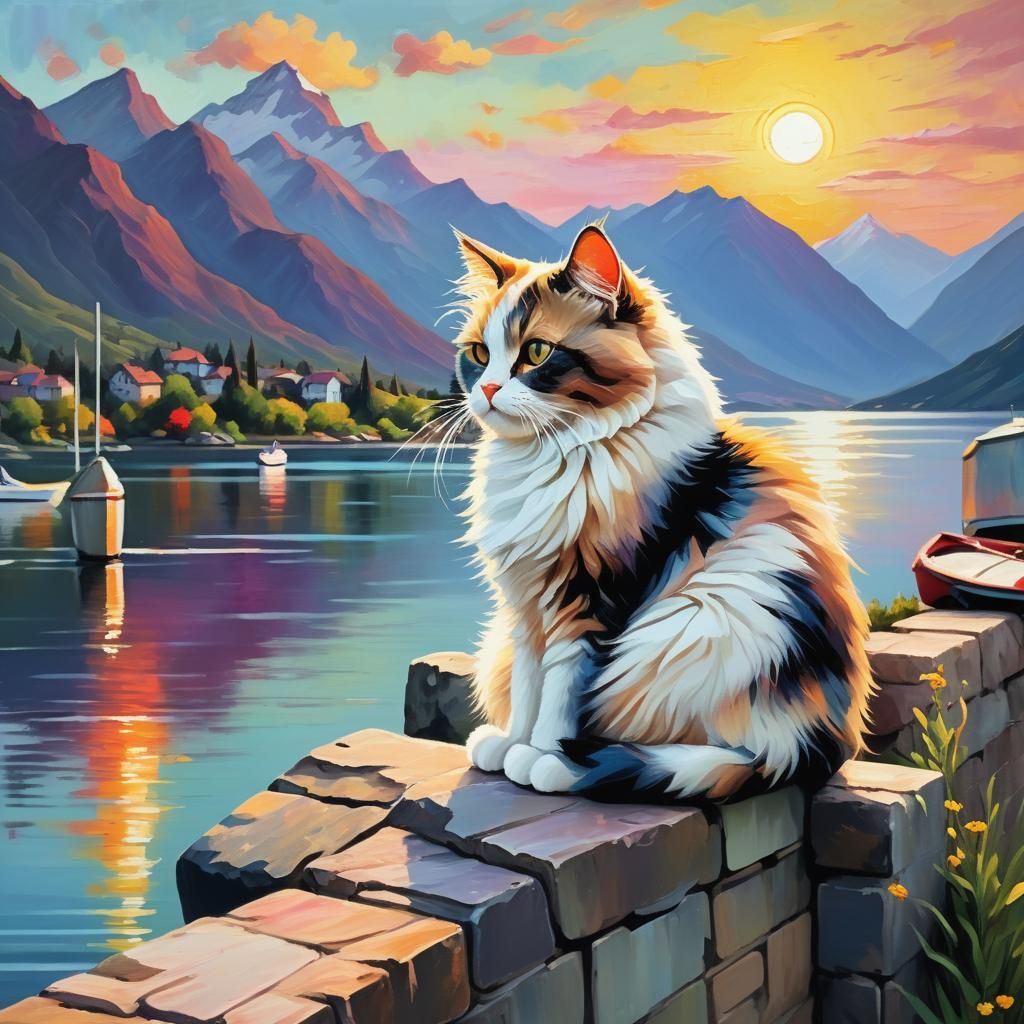 Fluffy Cat Overlooking Lake at Sunset