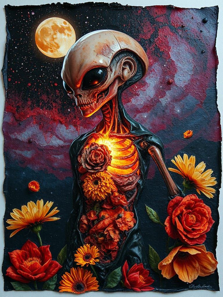 Alien Android Anatomy in Floral Mixed Media Art