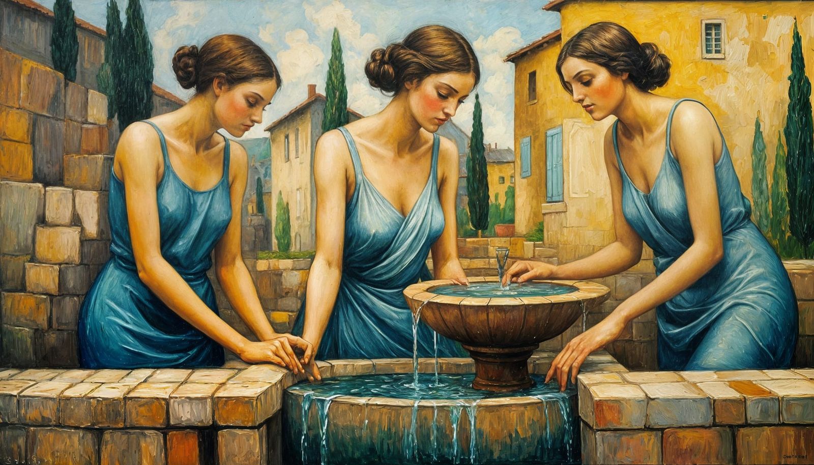 Women at the Fountain: Surrealist Oil Painting