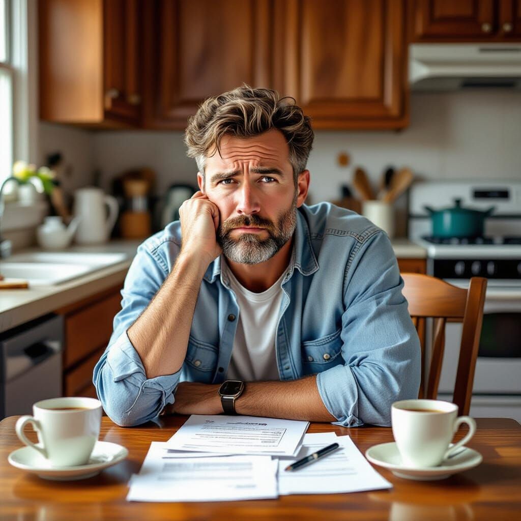 Worried Parent at Table in Rockwell-Scarfe Style