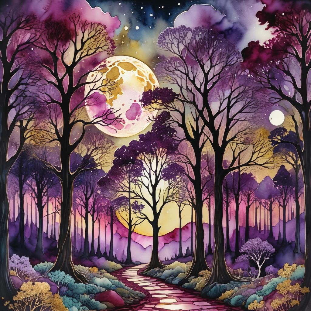 Luminous Moonlit Forest in Vibrant Wine Reds and Purples