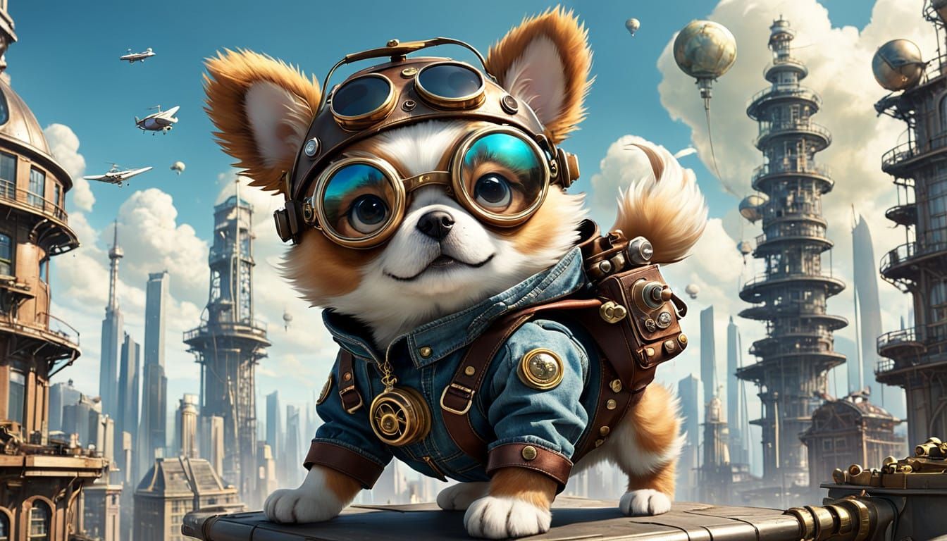 Chibi Puppy Steers Biplane Over Solarpunk Metropolis