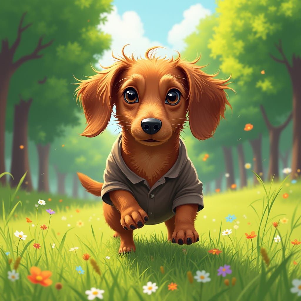 Whimsical Weiner Dog Playing Fetch in Vibrant Park