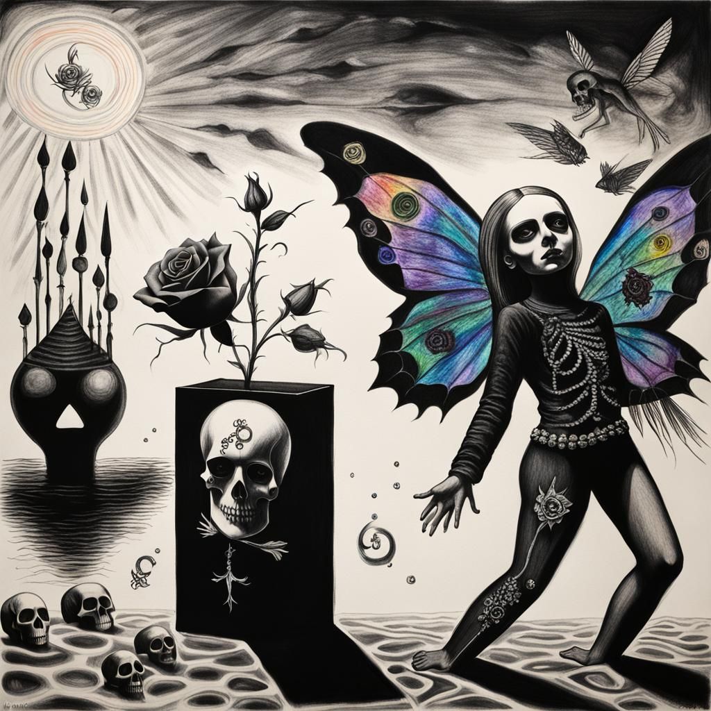 Surreal Crayon Drawing: Goth Woman in Darkness