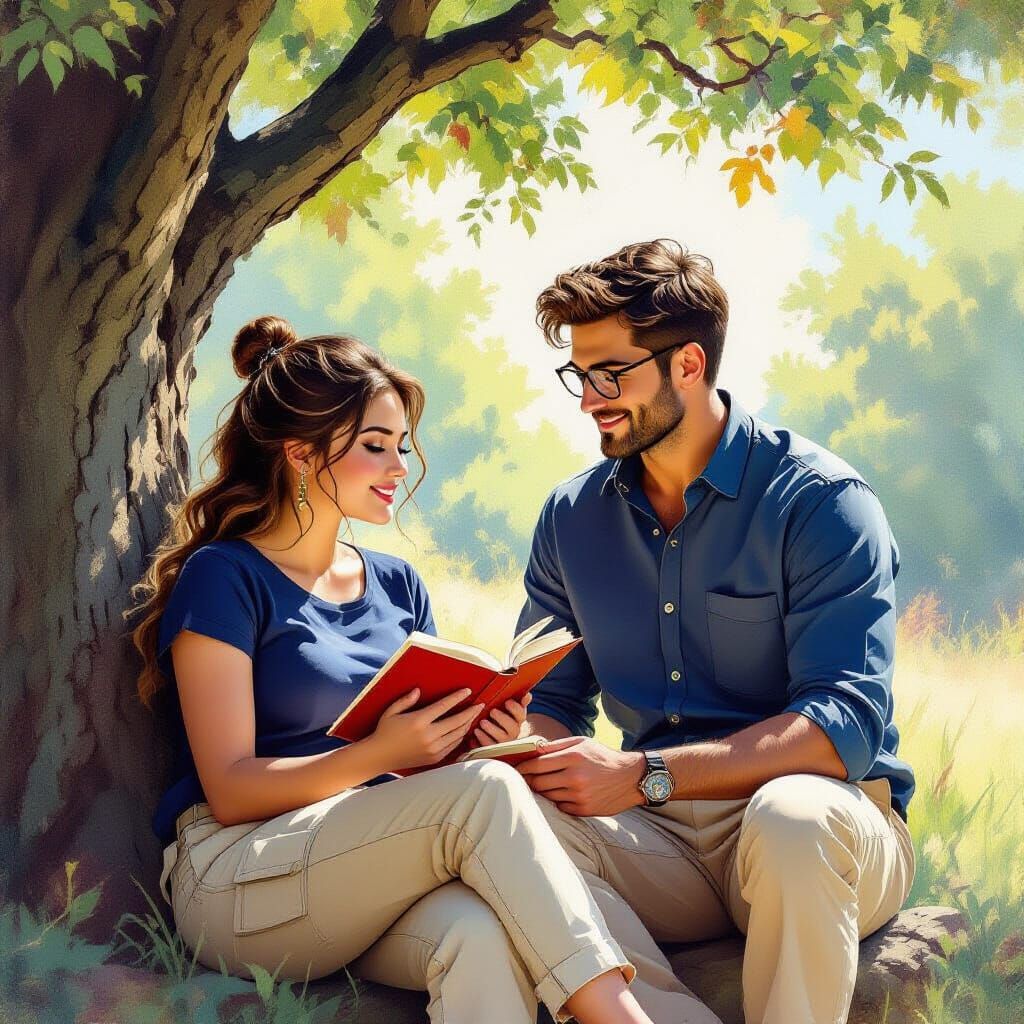 Impressionist Gouache Painting of Girl Reading Under Tree