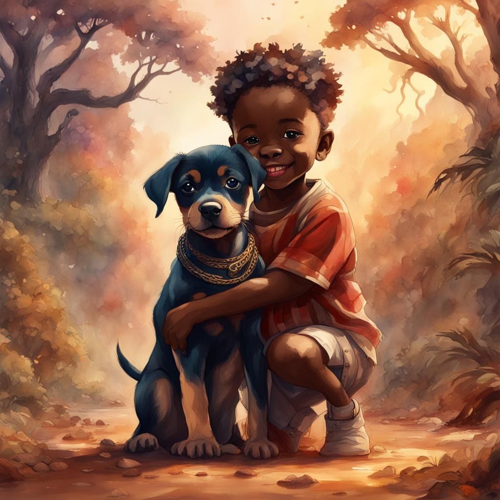 Watercolor Puppy and Boy Falling in Love