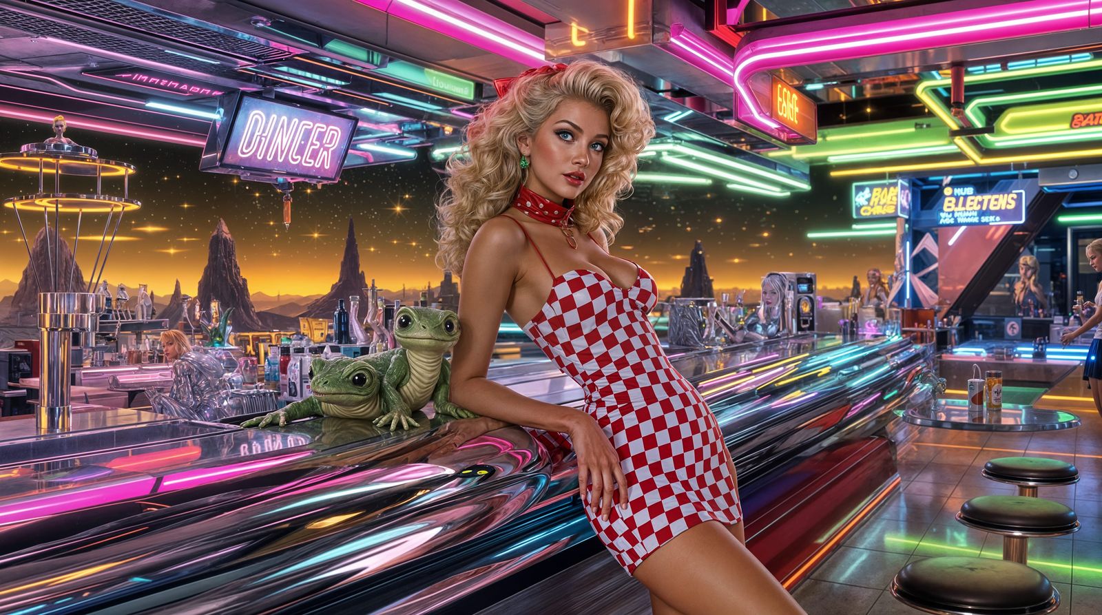 Blonde Pin-Up Girl in Retrofuturistic Diner Scene