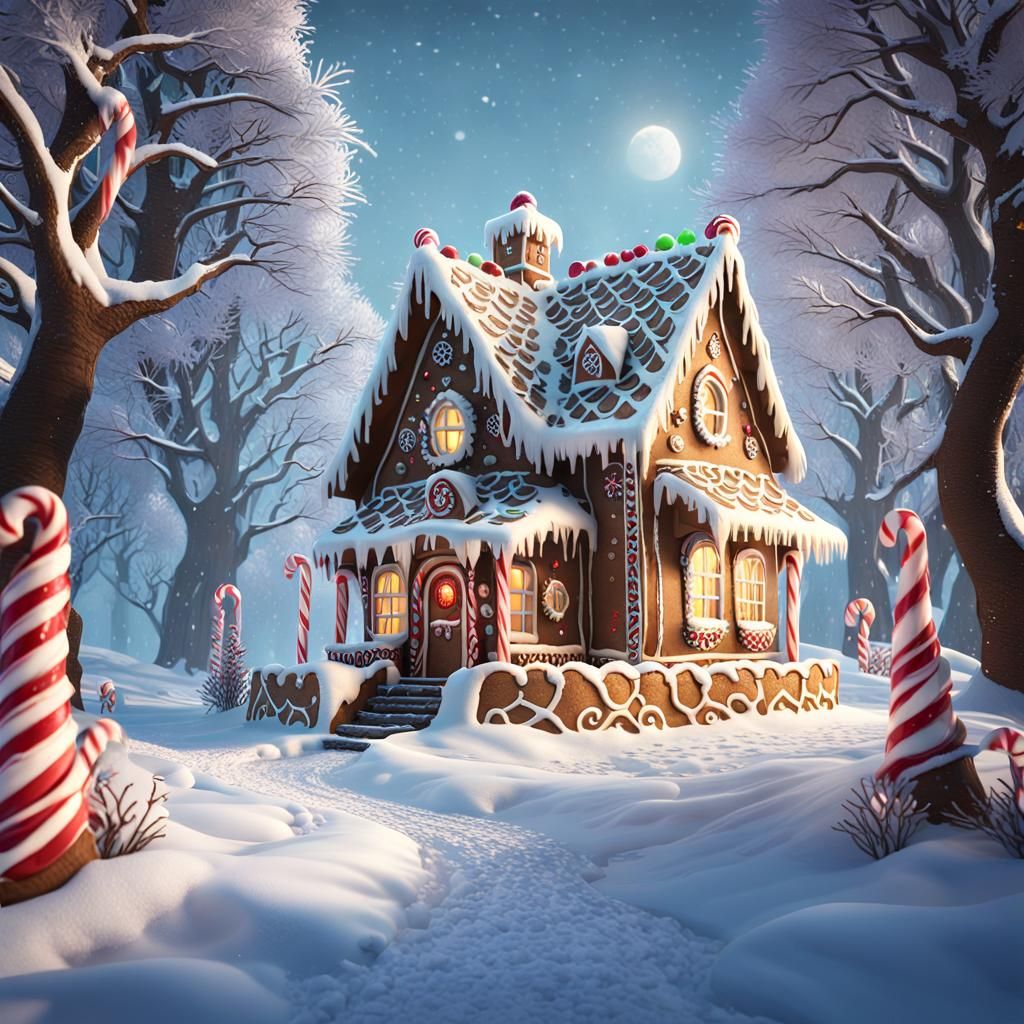 Gingerbread House in Winter Wonderland: Dark Fantasy Art