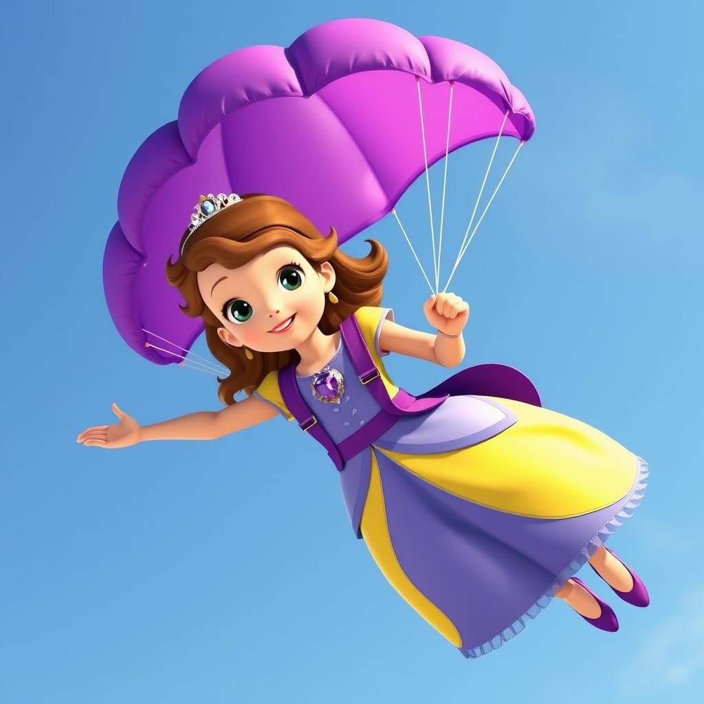 Princess Sofia Skydiving with Purple Parachute, Disney Style
