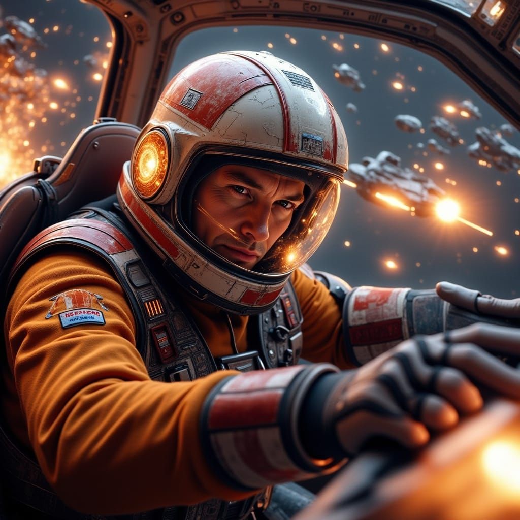 Heroic X-Wing Pilot in Fiery Space Battle