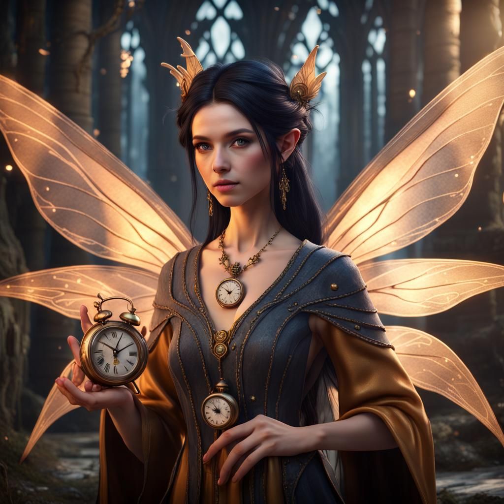 Fairy Wizard with Clock Necklace, Fantasy Art