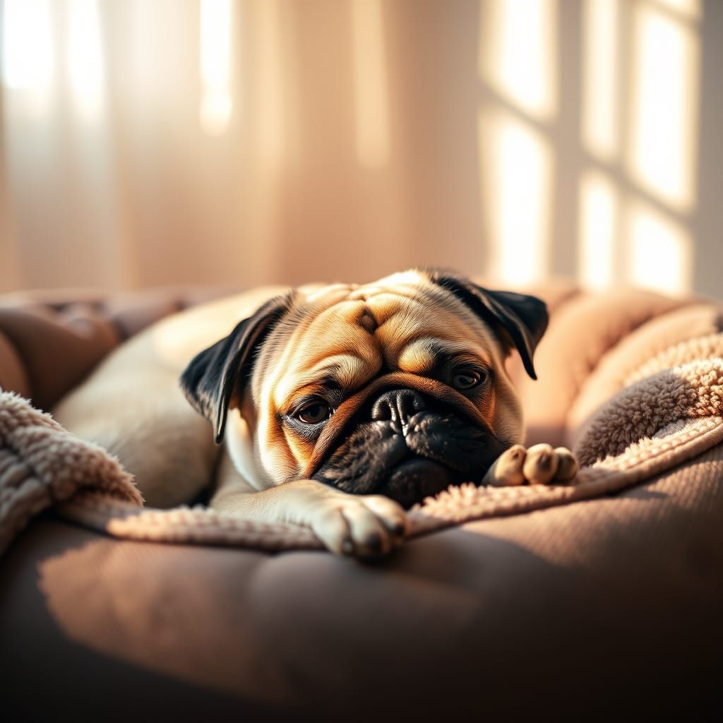 Serenely Content Pug Dog in Plush Dog Bed, Soft Pastel Hues,...