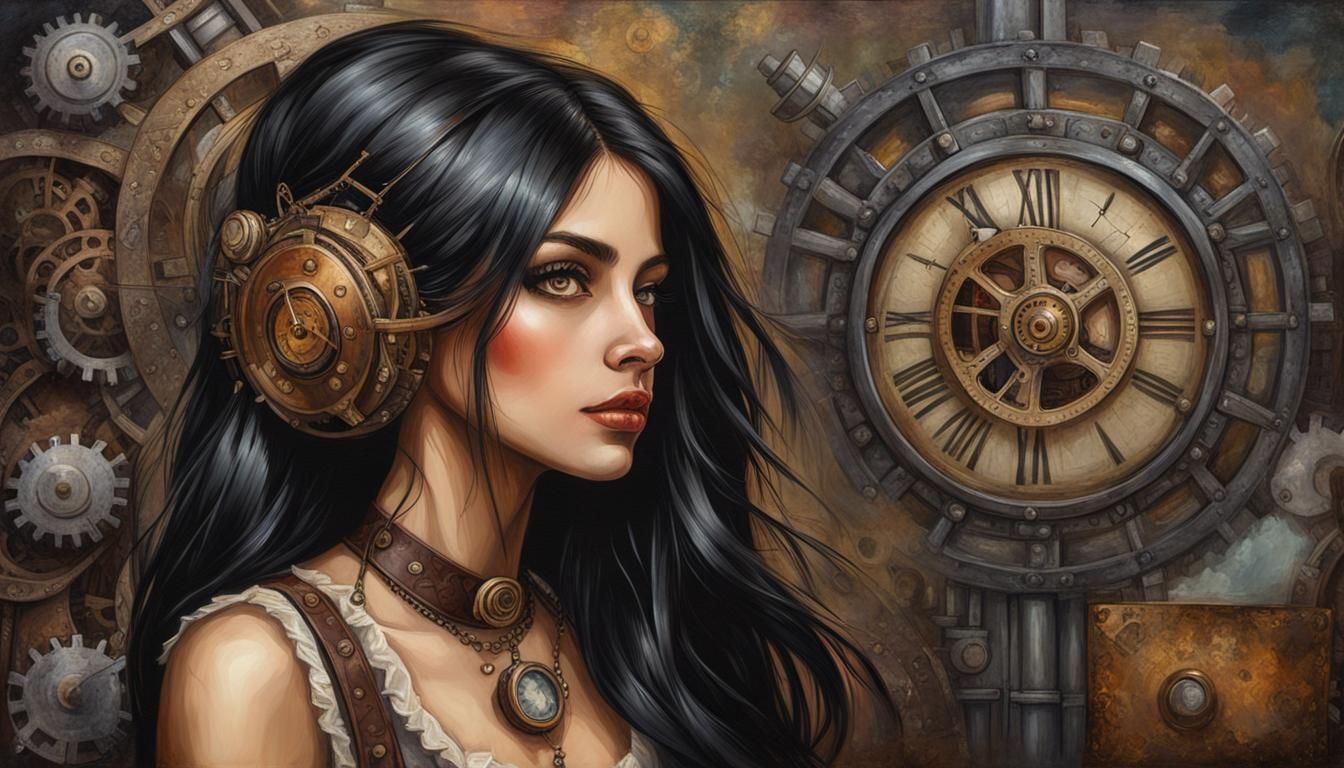 Steampunk Latina Girl Portrait in Vintage Oil Painting Style