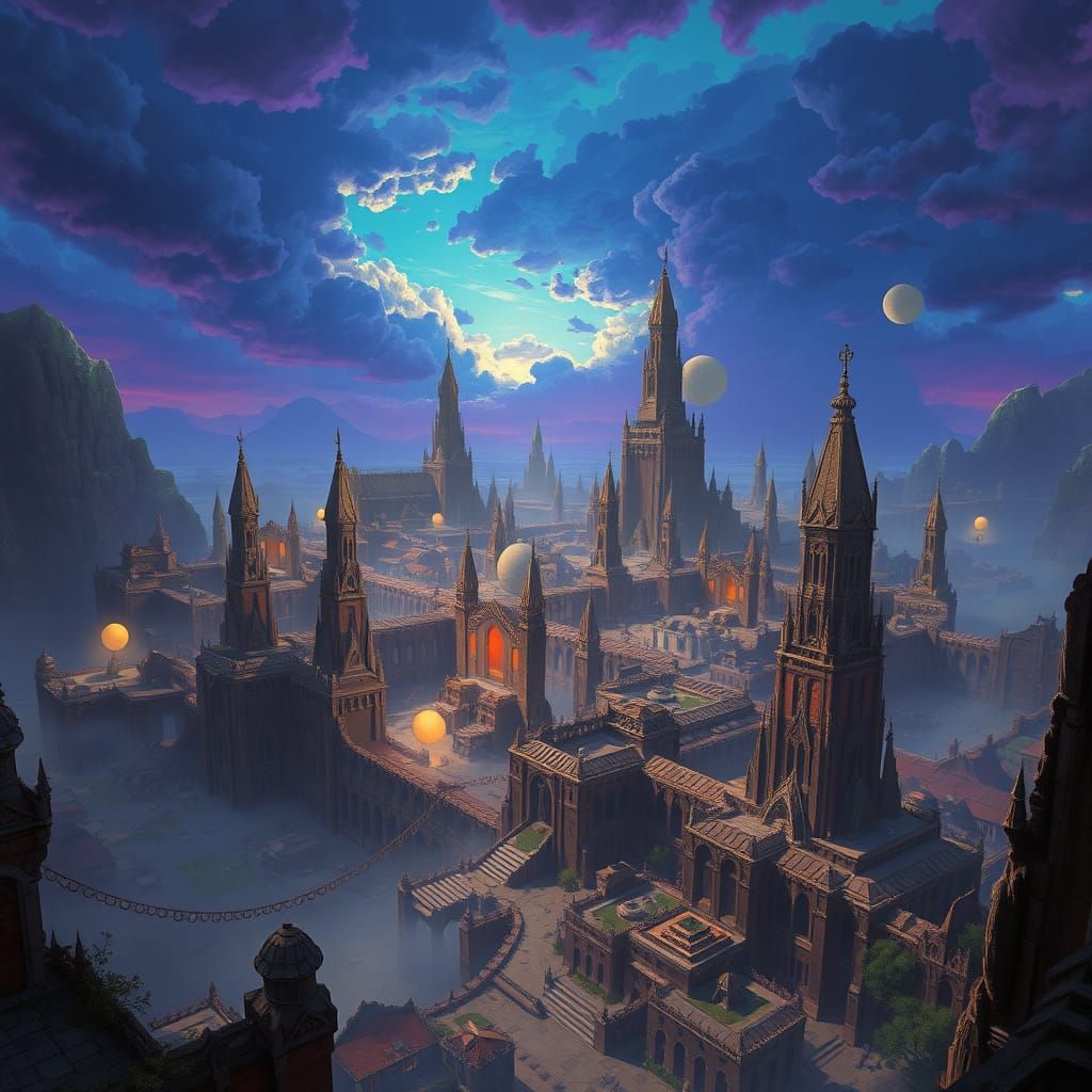 Surreal Fantasy Cityscape in Deep Blue-Purple Hues