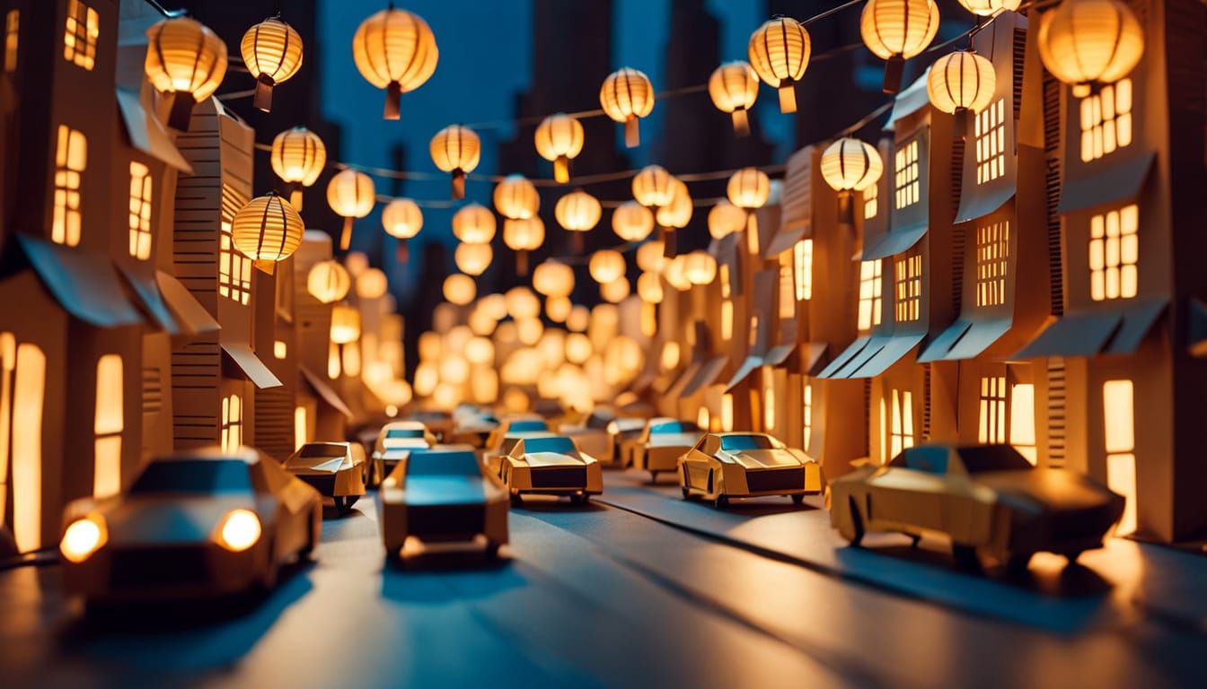 Futuristic Paper City Street at Night