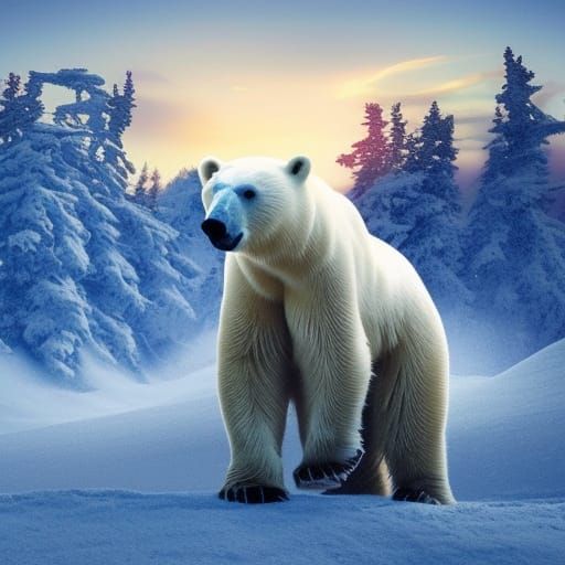 Polar Bear Snowboarding at Sunset: Digital Matte Painting