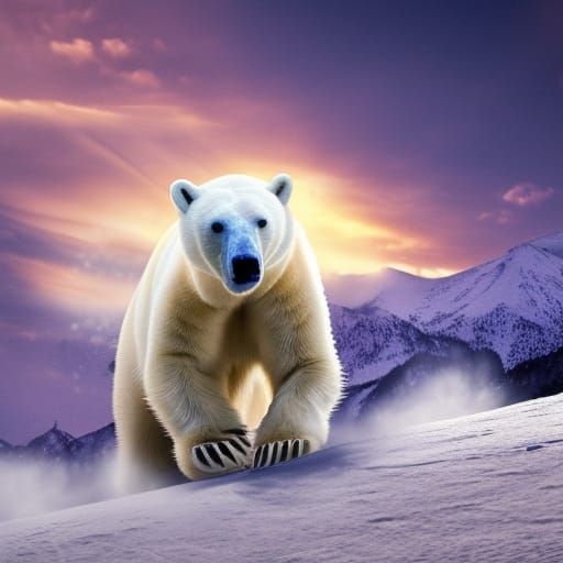 Polar Bear Snowboarding at Sunset: Digital Matte Painting
