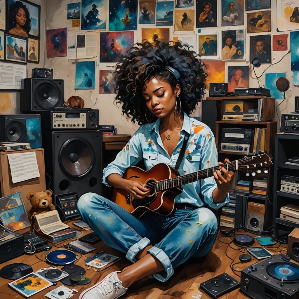 Black Woman Playing Guitar in Painterly Fantasy Art