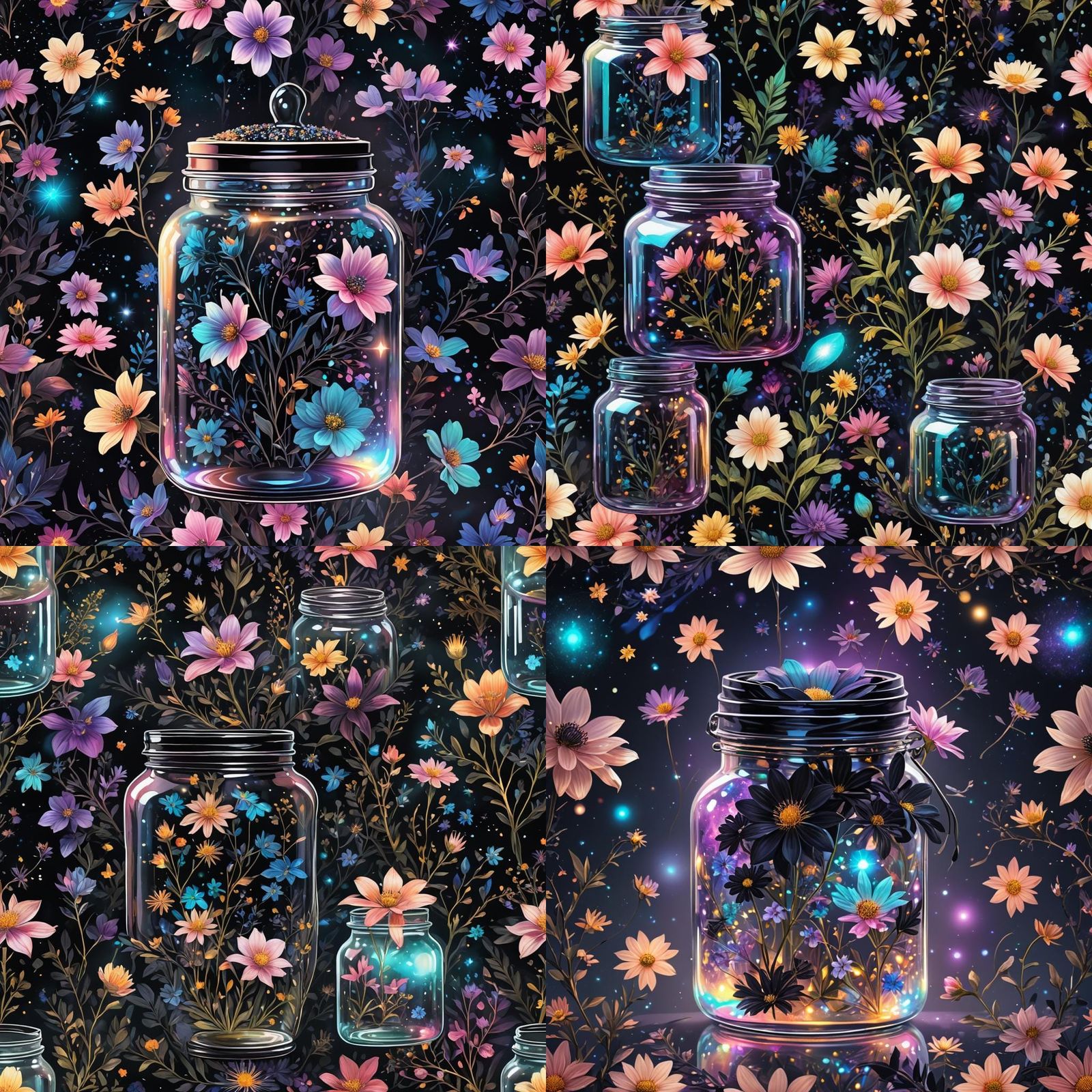 Shimmery Black Flowers in Glass Jar: Cosmic Illustration