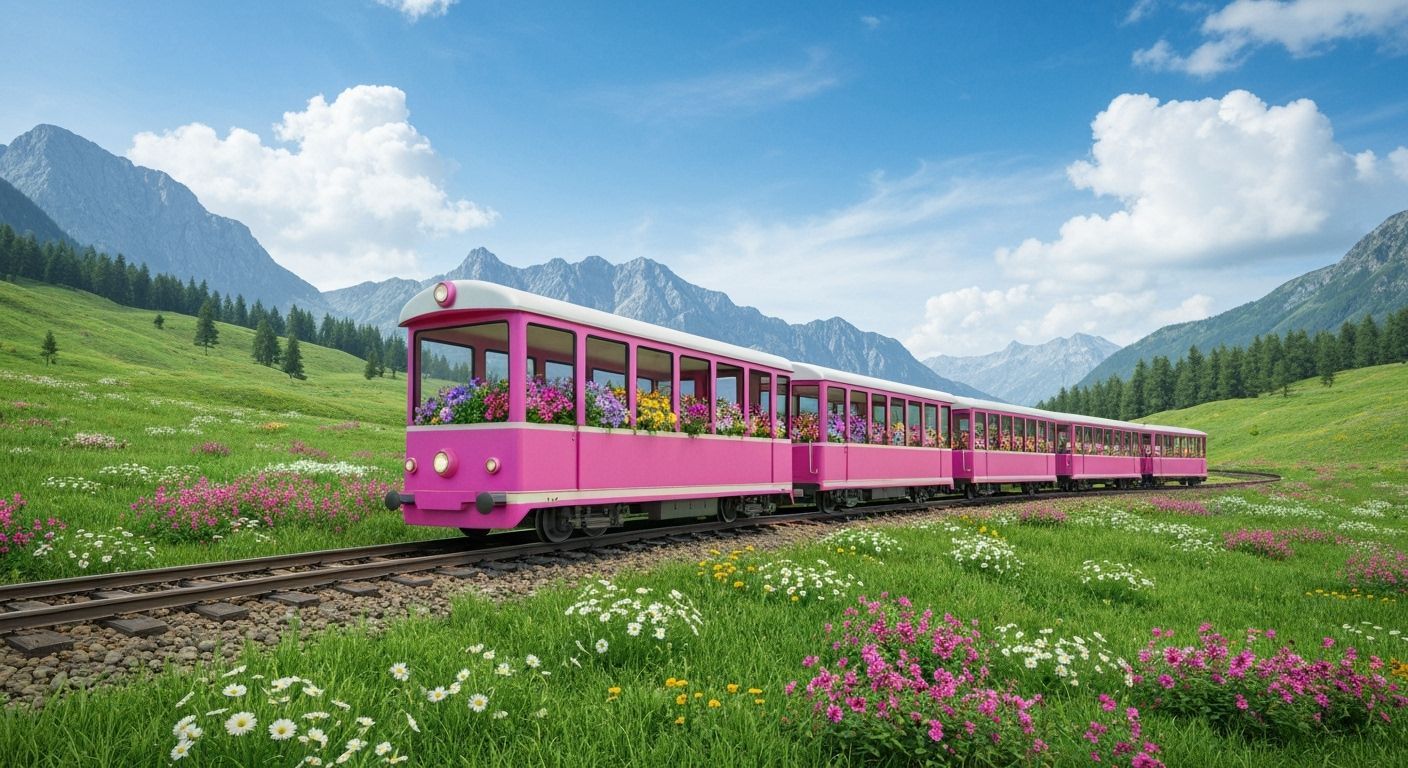 Pink Flower Train Journey Through Picturesque Landscape