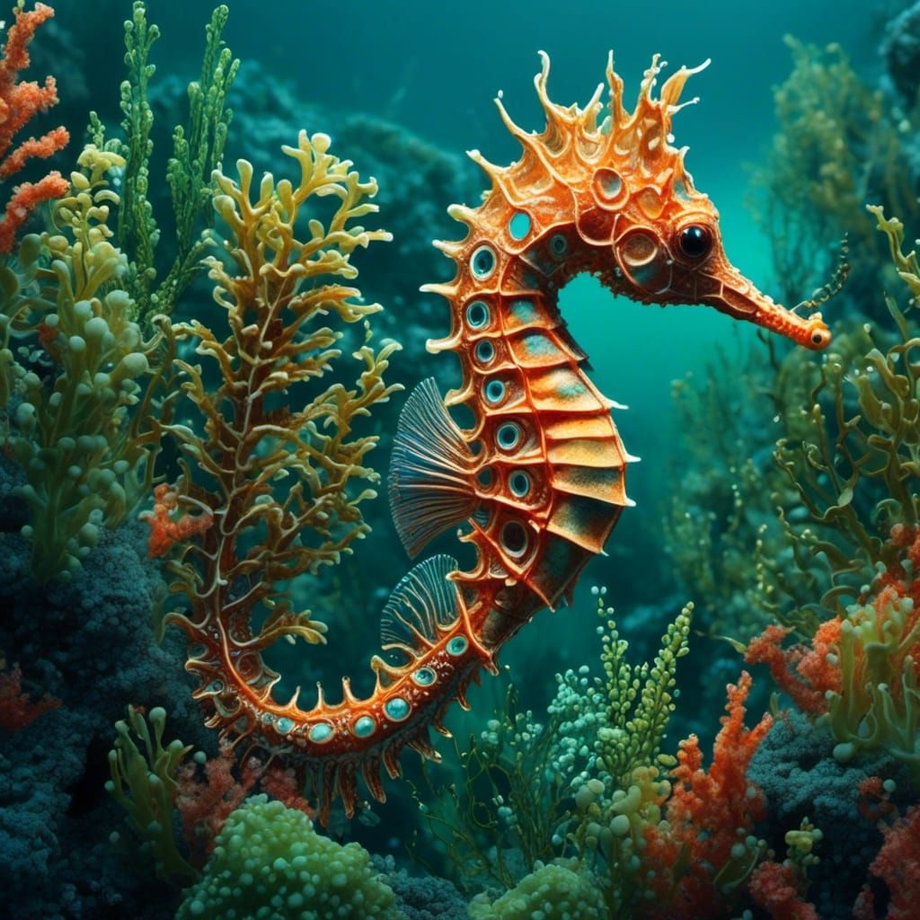 Colorful Seahorse Hiding in Seaweed