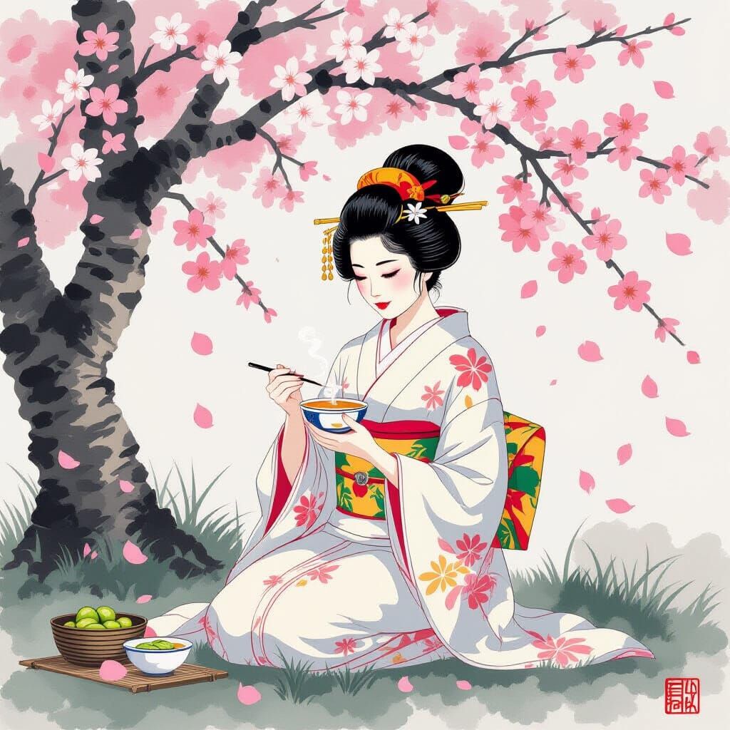 Yamato-e Woman Under Cherry Blossoms