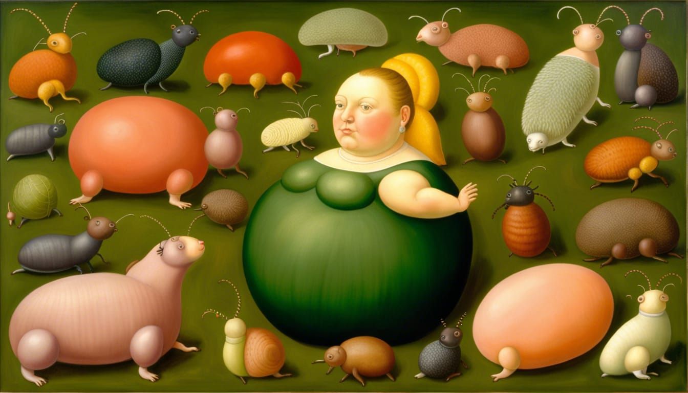 Botero Style Woman Leading Forest Creatures