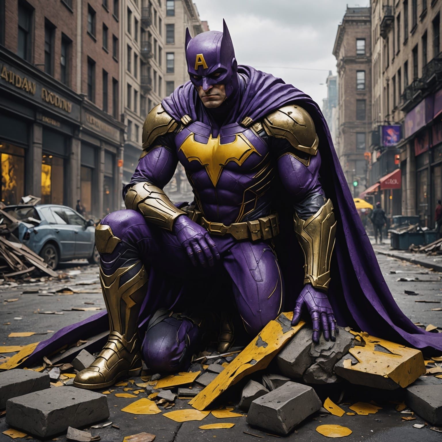 Fallen Superhero Statue in Dark Fantasy Style