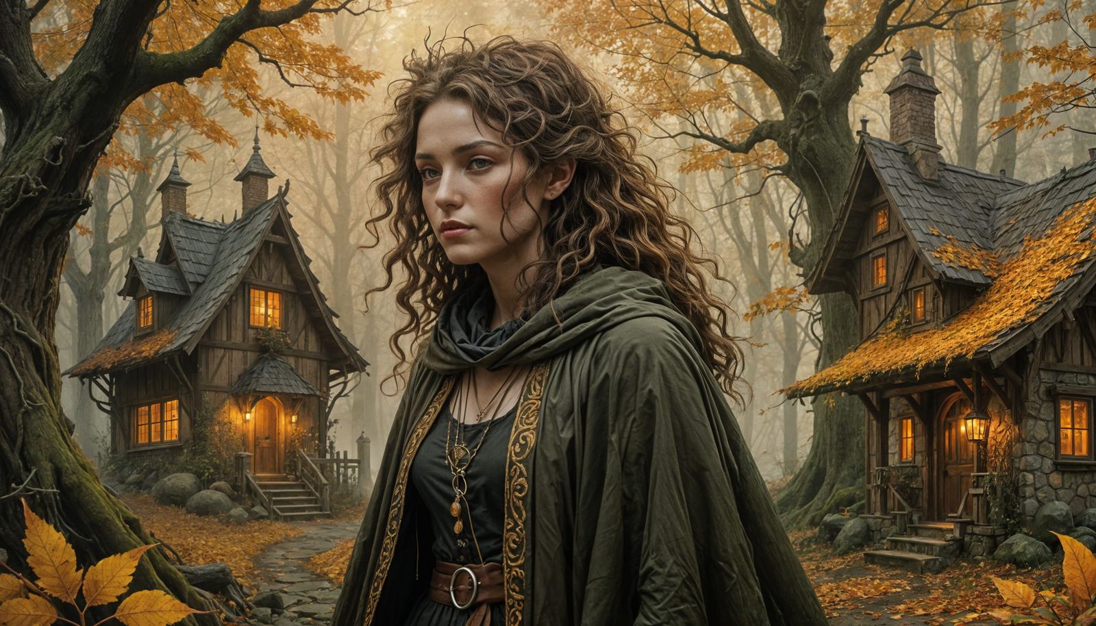 Autumn Witch in Mystical Forest Scene