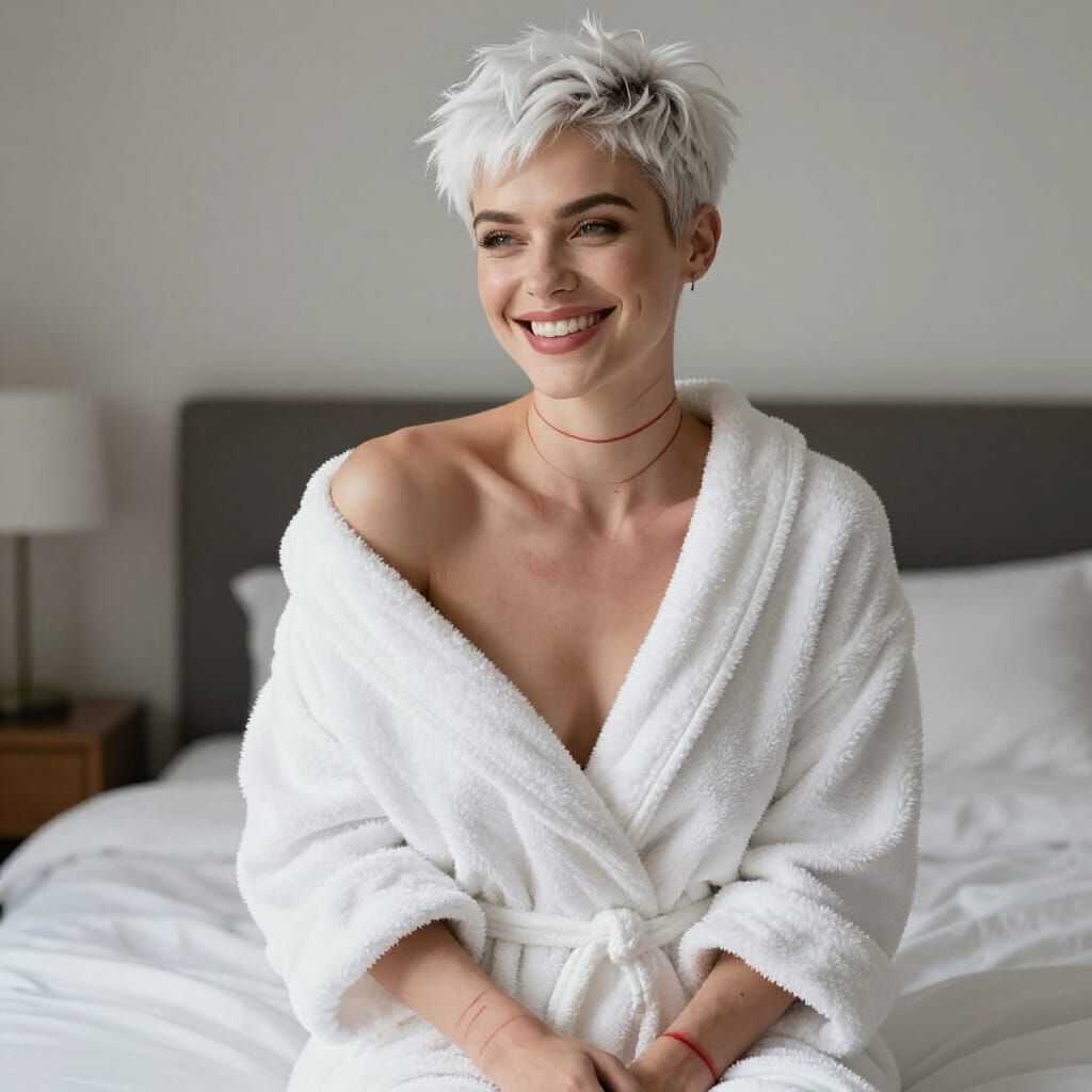 Smiling Athletic Woman in Bedroom with Subtle Red Markings