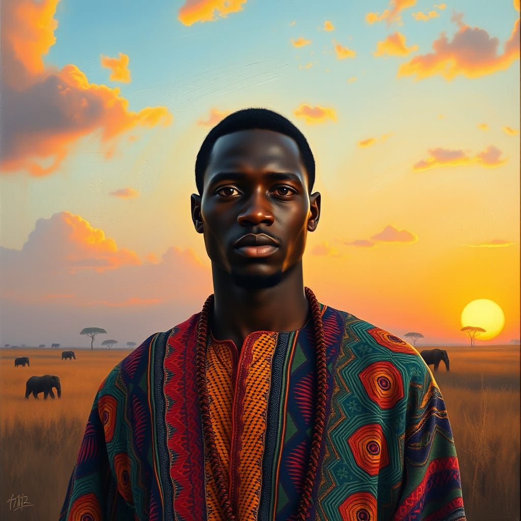 African Gentleman in Vibrant Dashiki, Serene Savannah Sunset