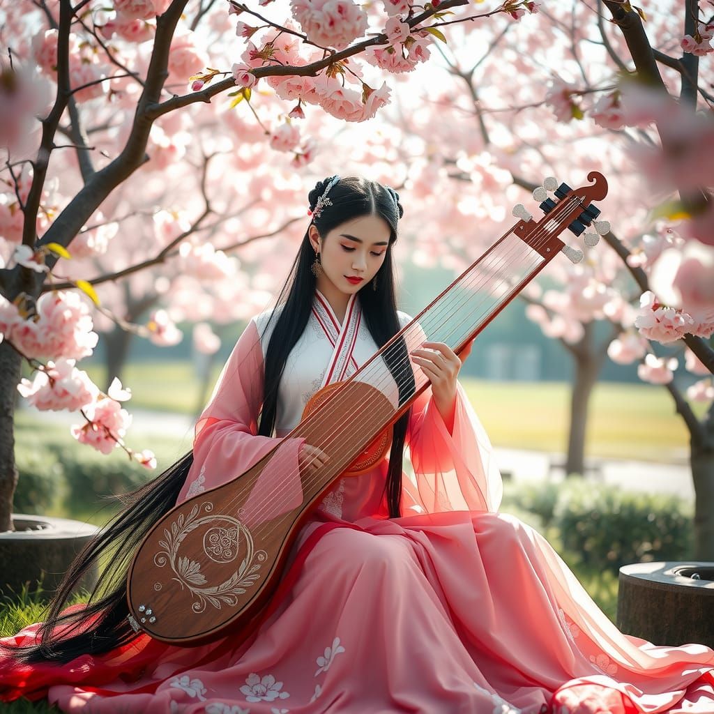 Chinese Woman in Cherry Garden with Guzheng