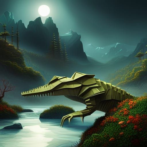 Detailed Origami Crocodile Matte Painting