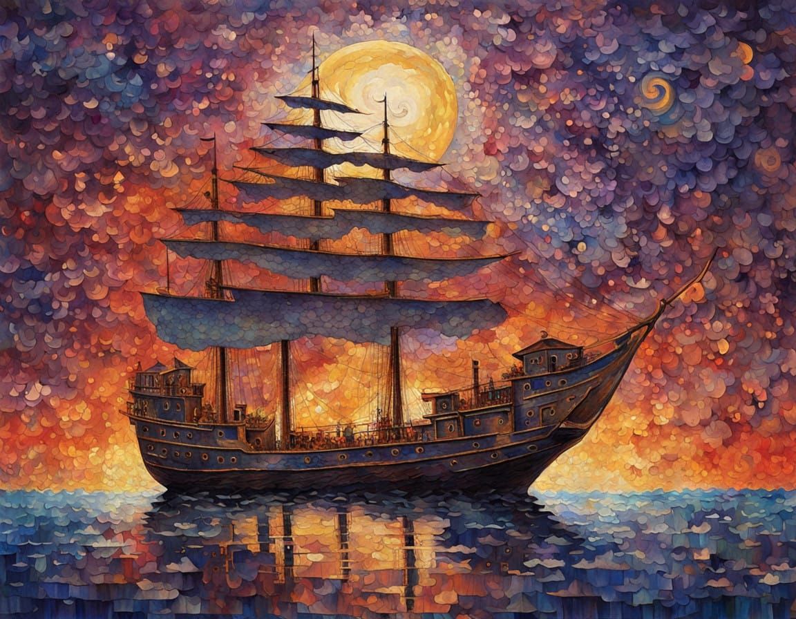 Cosmic Dreamscape with Majestic Ship in Neo-Impressionistic...