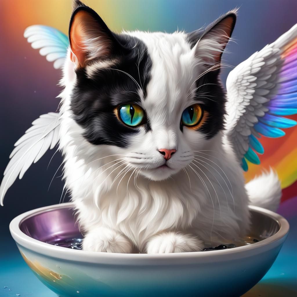 Hyperrealistic Cat with Angel Wings and Rainbow Background