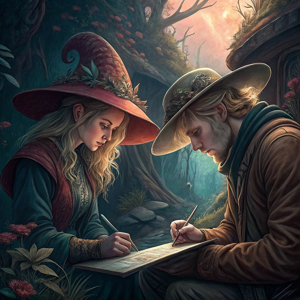 Couple in Hats Writing Notes: Fantasy Concept Art