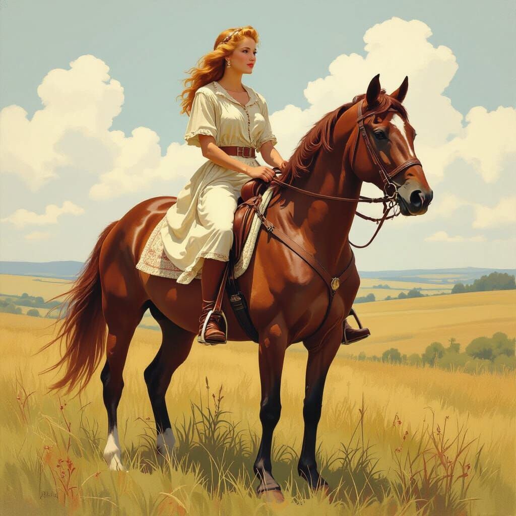 Blonde Woman Riding Horse in Art Nouveau Style