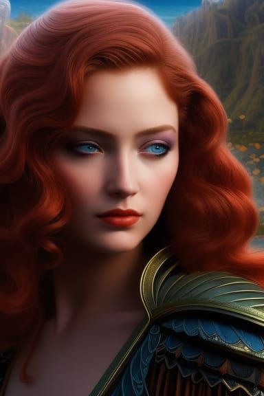 Red-Haired Woman on Beach in Maximalist Digital Art