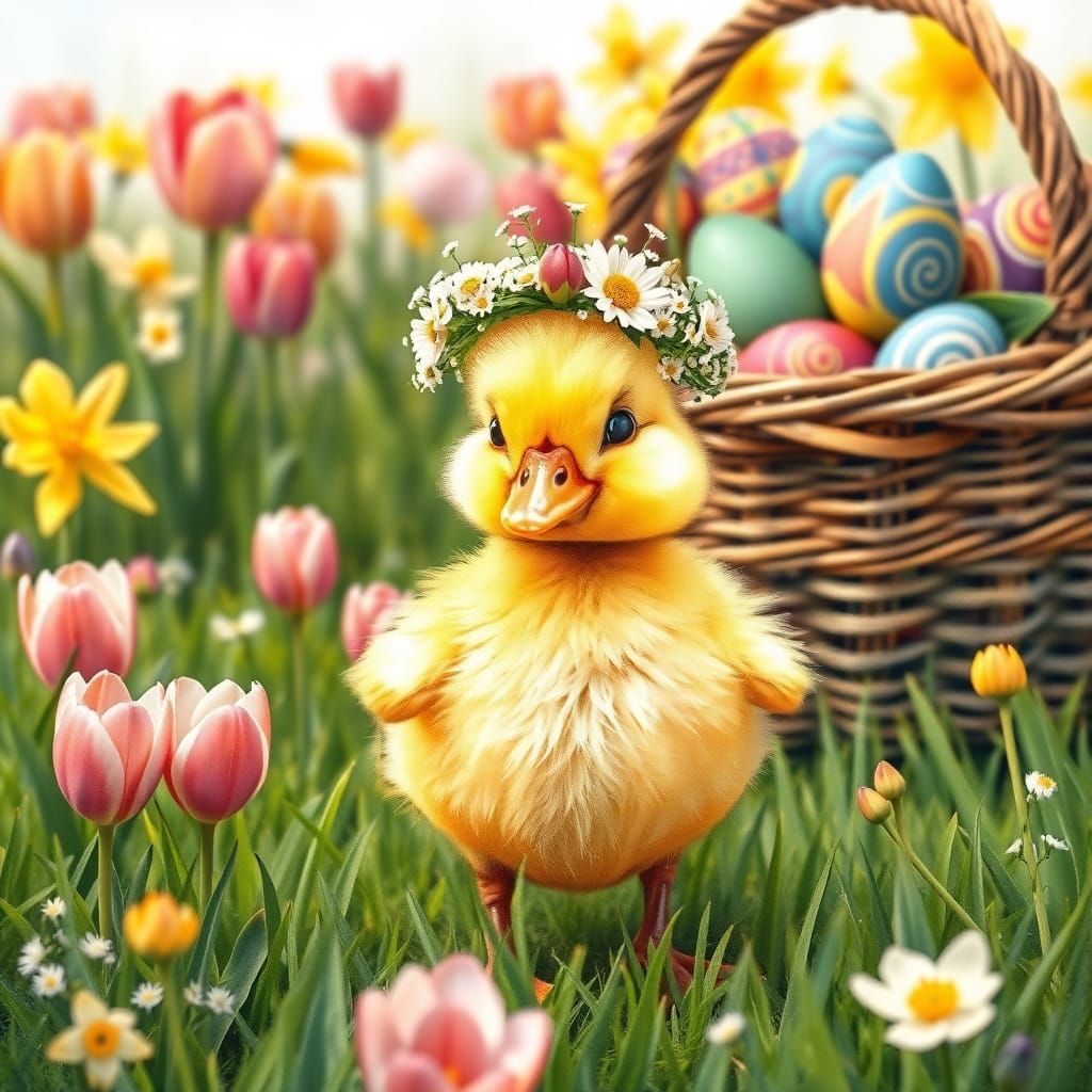 Whimsical Easter Duckling in a Colorful Meadow