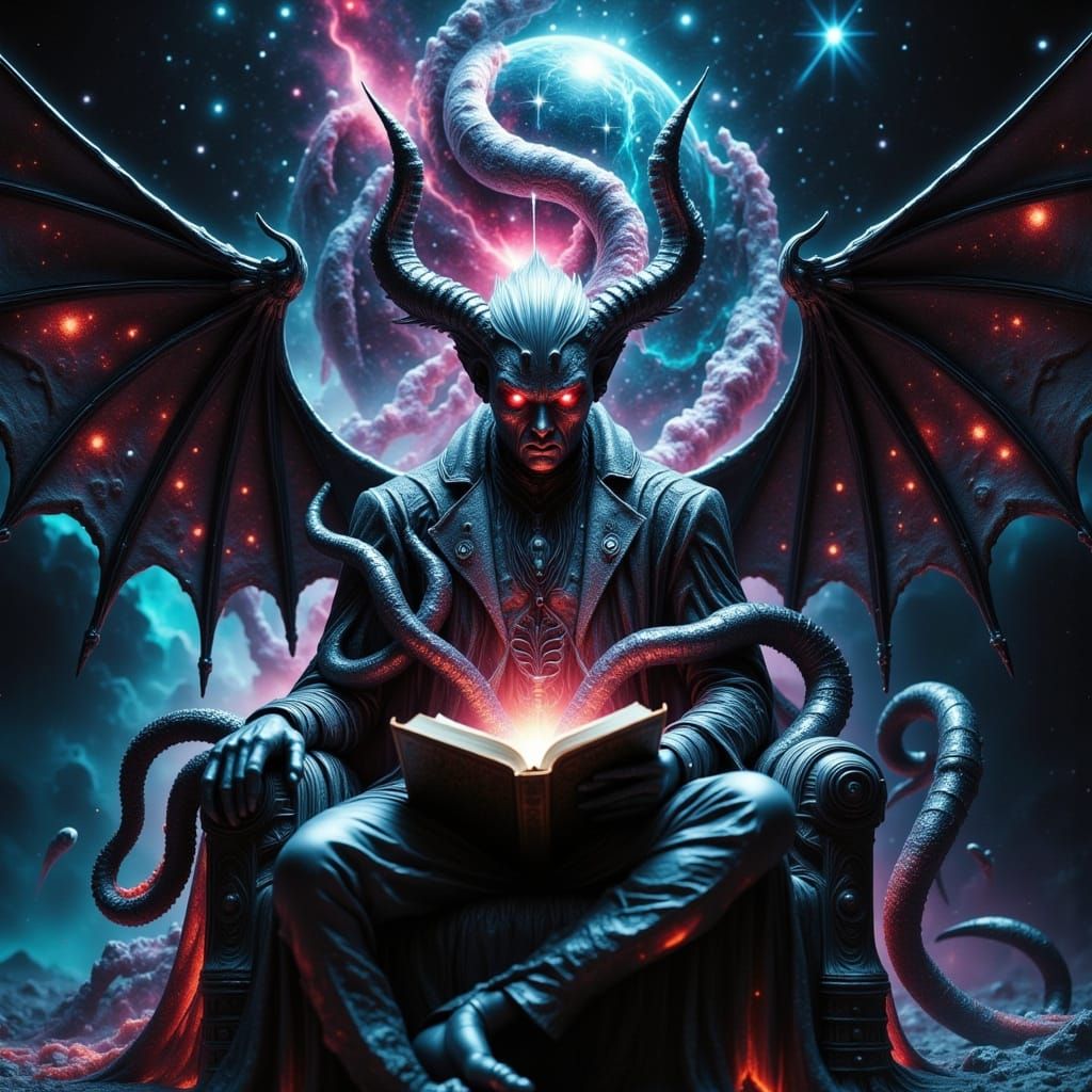 Majestic Dark Figure Reads Ancient Tome in Cosmic Haze