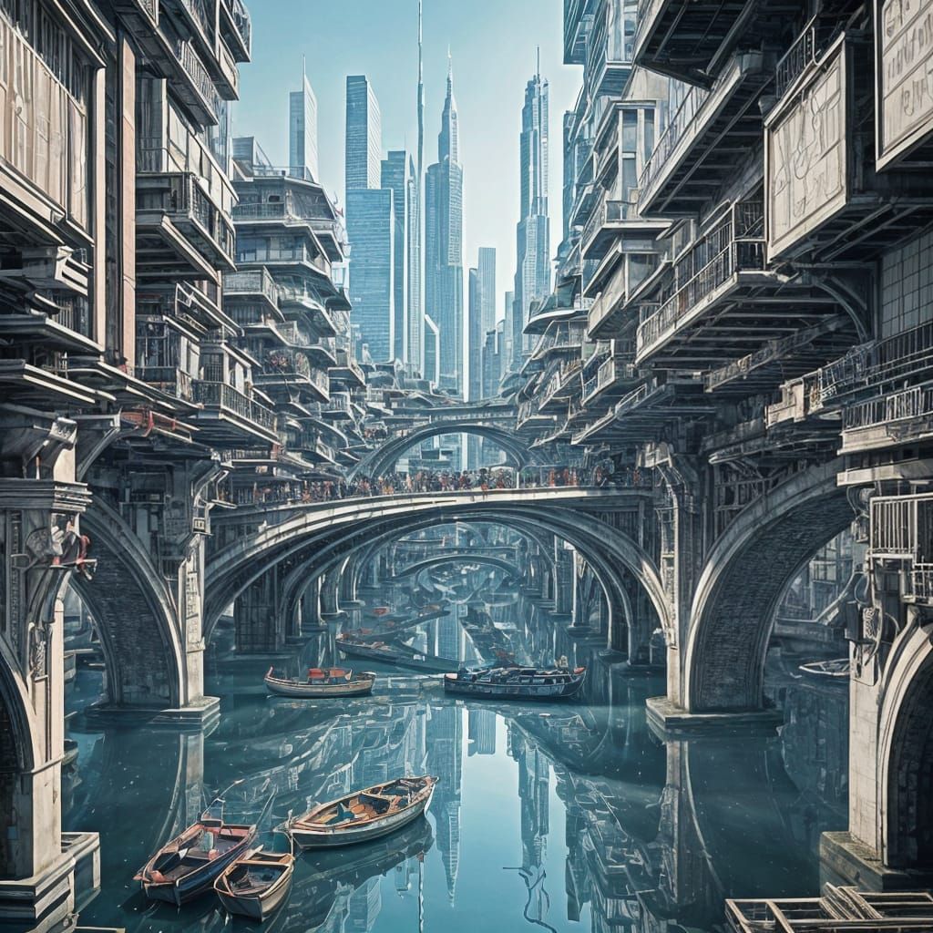 M.C. Escher.. Futuristic paradoxical art woodcut and woodblo...