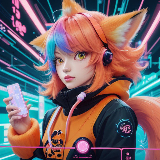 Whimsical Anime Fox Girl with Futuristic Gadgets