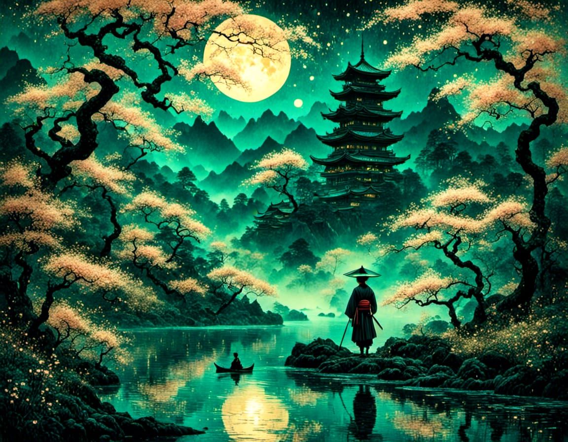 Samurai in Moonlit Forest: Ukiyo-e Woodblock Print