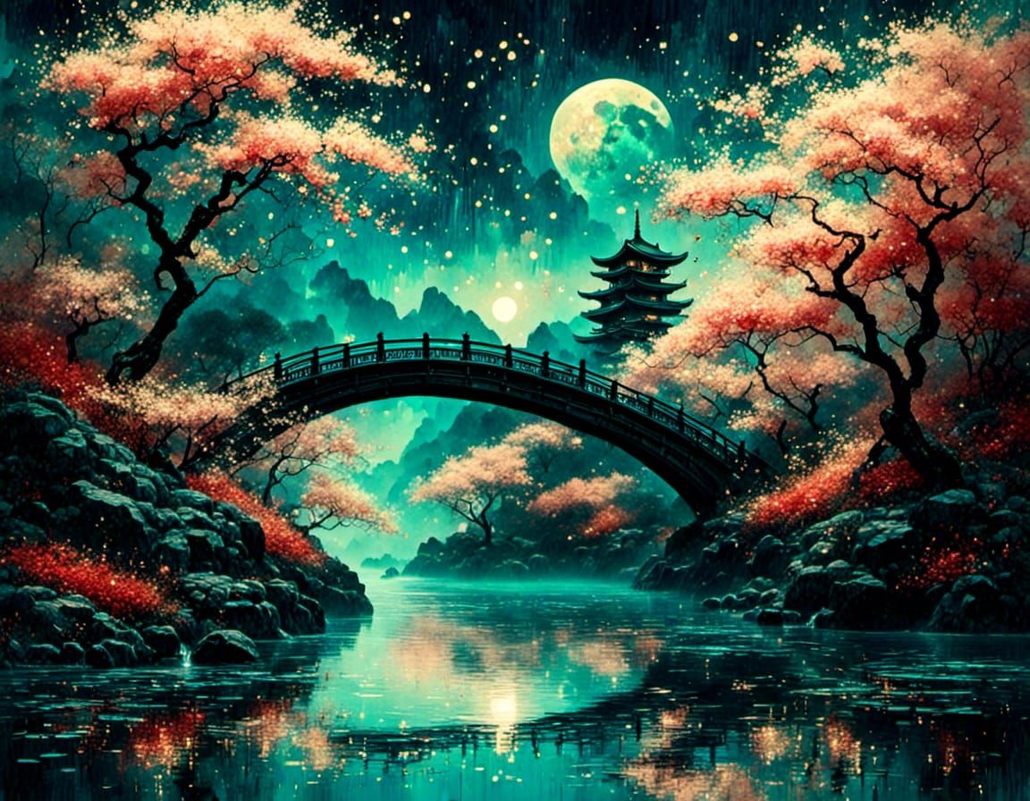 Ukiyo-e Scene: Japanese Bridge and Cherry Blossoms