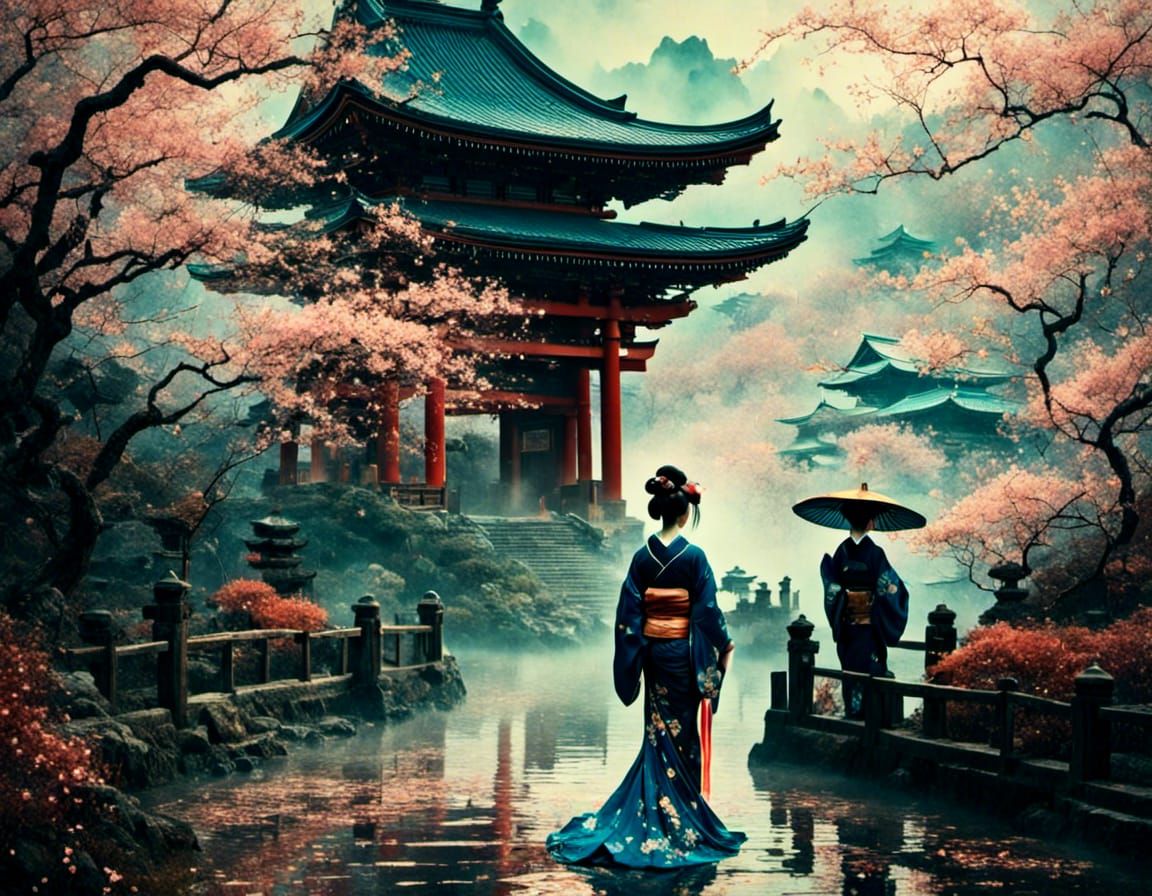 Geisha in Kyoto Garden: Ukiyo-e Illustration